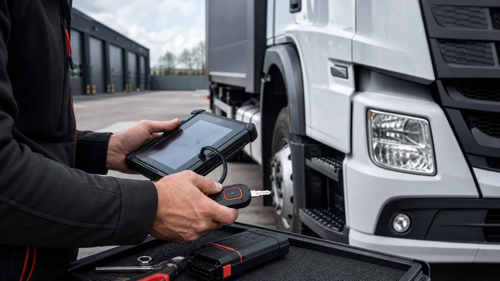 HGV key diagnostics equipment being used beside a truck cab