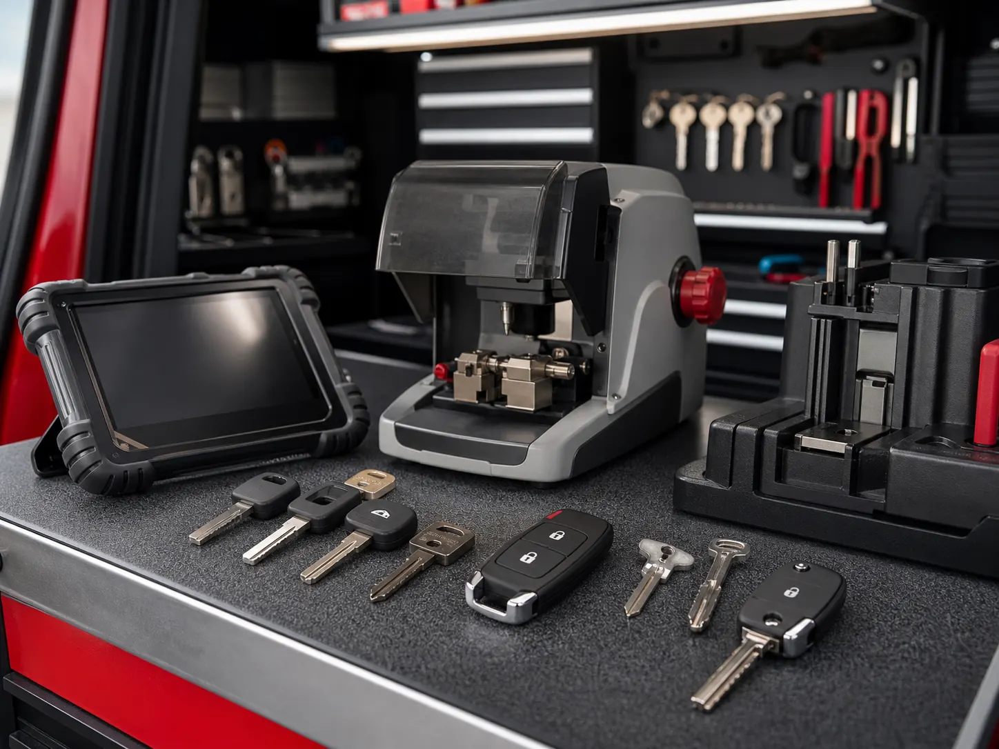 Truck key programming and cutting equipment inside a mobile workshop